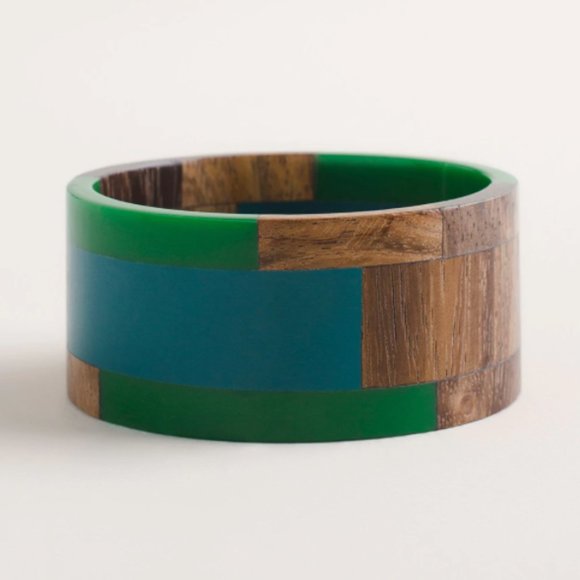 Chico's Jewelry - New Chico's Wide Blue and Green Wood Bangle Bracelet